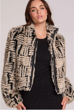 Load image into Gallery viewer, Cropped faux fur jacket in grey wolf pattern with zip front and puff sleeves