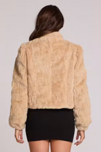 Load image into Gallery viewer, Chaser cropped cappuccino faux fur jacket with sequin detail and long sleeves
