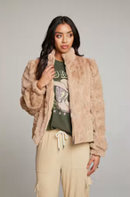 Load image into Gallery viewer, Chaser cappuccino sequin faux fur zip-up jacket with textured panel sleeves