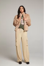 Load image into Gallery viewer, Chaser cropped cappuccino faux fur jacket with textured panels and open front
