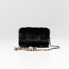 Load image into Gallery viewer, Luxurious mink fur clutch bag with interwoven gold chain shoulder strap and clasp detail