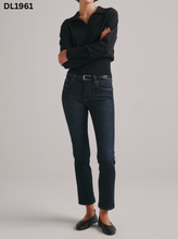Load image into Gallery viewer, Dark indigo straight leg ankle jeans with black belt and black knit polo top