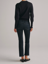 Load image into Gallery viewer, Dark indigo straight-leg ankle jeans with contrast stitching, back view