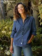Load image into Gallery viewer, Women's dark wash denim button-up shirt with chest pocket and raw hem