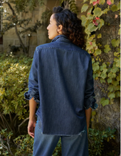 Load image into Gallery viewer, Women's dark vintage wash denim button-up shirt with rolled sleeves, back view