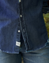 Load image into Gallery viewer, Dark vintage denim button-front shirt with Frank &amp; Eileen label, paired with jeans