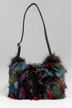 Load image into Gallery viewer, Luxurious multicolored fox fur shoulder bag with sleek black leather strap and adjustable buckle