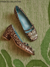 Load image into Gallery viewer, Frances Valentine leopard print block heel Mary Jane with crystal embellishment and teal lining