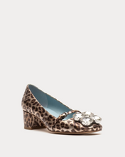 Load image into Gallery viewer, Metallic leopard print block heel pump with crystal jewel embellishment and blue lining