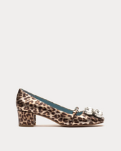 Load image into Gallery viewer, Metallic leopard print block heel pump with crystal embellishment on toe