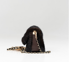 Load image into Gallery viewer, Mahogany mink fur mini clutch bag with gold chain strap, side view