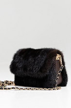 Load image into Gallery viewer, Black mink fur clutch bag with gold chain strap, mahogany interior