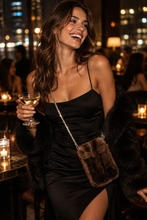 Load image into Gallery viewer, Mahogany mink fur phone case bag with silver chain strap crossbody