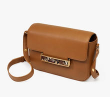 Load image into Gallery viewer, Brackish Oxford tan leather crossbody bag with gold-tone tortoise clasp closure