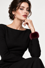 Load image into Gallery viewer, Fox fur cuff in deep burgundy worn on wrist of black long-sleeve dress