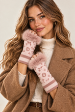 Load image into Gallery viewer, Woman wearing fingerless knit gloves with monogram pattern and faux fur trim cuffs