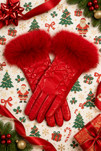 Load image into Gallery viewer, Luxurious puffer gloves featuring fluffy fox fur trim cuffs and quilted bow detailing