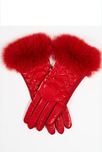 Load image into Gallery viewer, Quilted puffer gloves featuring luxurious fluffy fox fur trim cuffs, laid flat