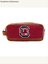 Load image into Gallery viewer, Smathers &amp; Branson South Carolina Gamecocks needlepoint toiletry bag with tan leather trim