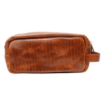 Load image into Gallery viewer, S&amp;B South Carolina tan leather toiletry bag with gold zipper and carry handle
