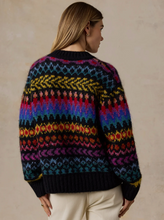 Load image into Gallery viewer, Woman wearing a cozy Fair Isle patterned alpaca crew neck sweater with geometric designs