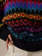 Load image into Gallery viewer, Close-up of a Fair Isle patterned alpaca crew sweater with vibrant multicolor geometric design