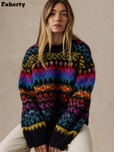 Load image into Gallery viewer, Woman wearing a cozy, oversized Fair Isle patterned alpaca crew neck sweater with vibrant geometric designs