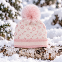 Load image into Gallery viewer, Soft pink knit beanie with monogram pattern and fluffy fox fur pom-pom