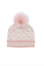Load image into Gallery viewer, Soft pink knit beanie with monogram pattern and fluffy fox fur pom-pom