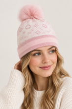 Load image into Gallery viewer, Soft pink knit beanie with monogram pattern and fox fur pom-pom on top