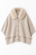Load image into Gallery viewer, Layered wool poncho with faux fur collar and gold button front closure