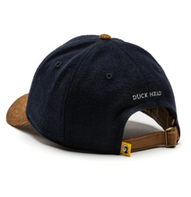 Load image into Gallery viewer, Duck Head Circle Patch Hat in navy wool with tan corduroy brim and strap