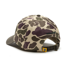 Load image into Gallery viewer, Duck Head Circle Patch Hat in camo pattern with adjustable strap, back view