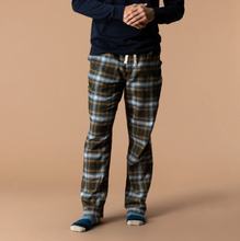 Load image into Gallery viewer, Man wearing plaid flannel lounge pants with drawstring waist and long sleeve top