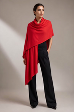 Load image into Gallery viewer, Red wide cashmere travel scarf draped as shawl over black wide-leg trousers