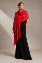 Load image into Gallery viewer, Wide red cashmere travel scarf draped over shoulders with black maxi dress