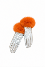 Load image into Gallery viewer, Metallic quilted gloves featuring luxurious fluffy fox fur cuff trim, laid flat