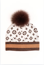 Load image into Gallery viewer, White and brown monogram knit beanie with lurex stripe cuff and fox fur pom-pom