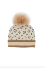 Load image into Gallery viewer, Cream and gold monogram knit beanie with fox fur pom-pom and lurex contrast cuff