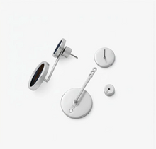 Load image into Gallery viewer, Brackish Lauren Bezel Silver Earring shown disassembled, featuring circular disc pendants with stud posts