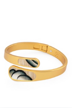 Load image into Gallery viewer, Brackish Lainey Bezel Hinge Cuff bracelet featuring feather inlay accents at open ends