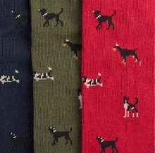 Load image into Gallery viewer, Barbour dog socks gift set in navy, olive, and red with dog patterns
