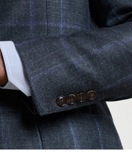 Load image into Gallery viewer, Close-up of Hughes Windowpane Sport Jacket sleeve cuff with four decorative buttons and shirt detail