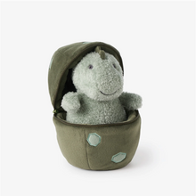 Load image into Gallery viewer, Fluffy baby dinosaur plush toy peeking out of a zippered egg-shaped pouch