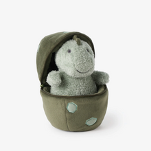 Load image into Gallery viewer, Soft plush baby dinosaur peeking out of a zippered egg-shaped pouch