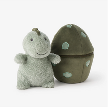 Load image into Gallery viewer, Soft plush baby dinosaur toy beside a zippered egg-shaped plush carrier