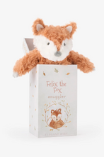 Load image into Gallery viewer, Felix the Fox plush snuggler toy peeking out of illustrated gift box by Elegant Baby