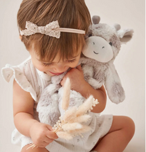 Load image into Gallery viewer, Baby girl cuddling a soft plush giraffe snuggler toy while holding dried flowers