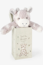 Load image into Gallery viewer, Elegant Baby Spot The Giraffe plush snuggler toy peeking out of decorative gift box