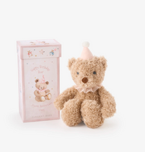 Load image into Gallery viewer, Fluffy teddy bear wearing a party hat, displayed beside a decorative gift box